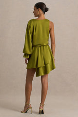 Cara | Olive Satin Plunge-Neck Micro-Mini Dress With Long Sleeve