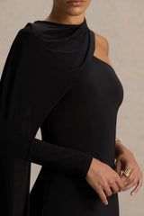 Dawn | Black High-Neck Maxi Dress With One Long-Sleeve And Cape