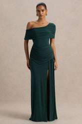 Dynasty | Dark Green Asymmetric-Neck Maxi Dress With Ruched Detailing And Front High-Split