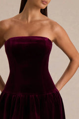 Violetta | Burgundy Velvet Bandeau Midi Dress With Drop-Waist And Gathered Skirt