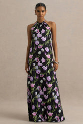 Svana | Black Satin Floral Asymmetric Halter-Neck Maxi Dress