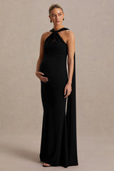 Lyra | Black Cross Halter-Neck Maxi Dress With Cape
