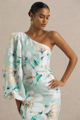 Kellis | Green Floral Print Asymmetric Maxi Dress With Balloon Sleeve