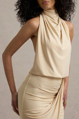 Hayden | Sand High-Neck Draped Split Maxi Dress