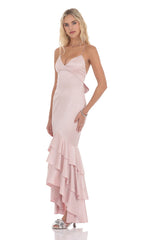 Satin Ruffle Fishtail Maxi Dress in Pink