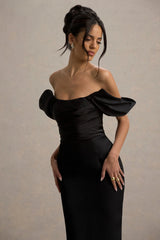 Annita | Black Satin Bardot Maxi Dress