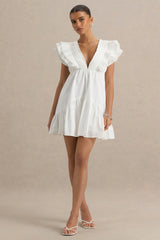 Judie | White Poplin V-Neck Ruffled Mini Dress