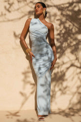 Daphne | Powder Blue Asymmetric-Neck Maxi Dress With Ruched Detailing
