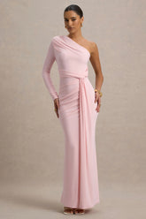 Sanya | Blush Pink Asymmetric One Sleeve Wrap Maxi Dress with Drape