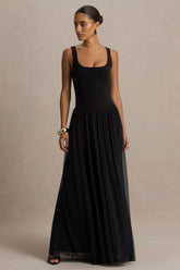 Amelia | Black Scoop-Neck Maxi Dress With Drop Waist And Pleating