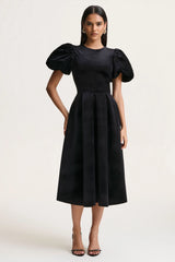 Seraphic | Black Velvet Puff-Sleeve Midi Dress