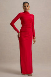 Alluring | Red High Neck Maxi Dress With Ruched Detailing