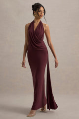 Rosina | Burgundy Halter-Neck Draped Maxi Dress With Sash
