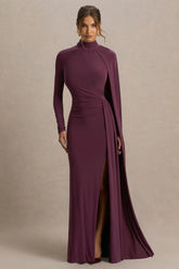 Anticipation | Burgundy High-Neck Maxi Dress With Front Split And Ruched Detailing