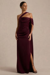 Yazmin | Burgundy Satin Asymmetric Maxi Dress With One-Sleeve Cape