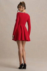 Astonish | Red Long-Sleeve Embellished Mini Dress With Volume Skirt