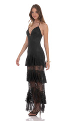 Sheer Lace Ruffle Maxi Dress in Black