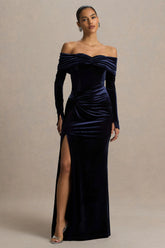 Countess | Navy Bardot-Neck Wrapped Maxi Dress With Front-High Split