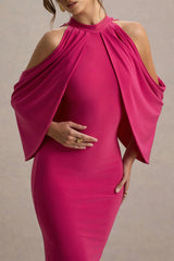 Teresa | Hot Pink High-Neck Cold-Shoulder Maxi Dress