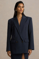 Alana | Navy Pinstripe Plunge-Neck Tailored Blazer
