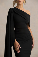 Leah | Black Asymmetric-Neck Midi Dress With Cape-Sleeve And Draped Detailing