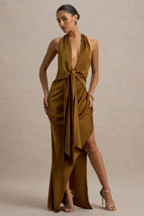 Lynette | Olive Satin Plunge-Neck Asymmetric Maxi Dress