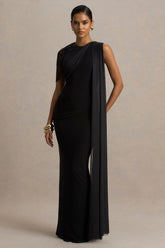 Brenda | Black Maxi Dress Mesh Cape And Sash