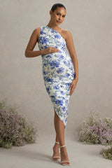 Late Night | Blue Floral Print Maternity Ruched One Shoulder Midi Dress