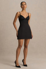 Elara | Black Satin Plunge-Neck Mini Dress