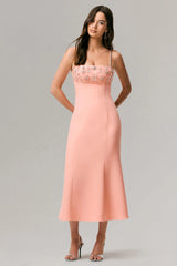 One To Remember | Coral Square-Neck Embellished Midi Dress