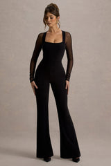 On Track | Black Flared-Leg Jumpsuit With Sheer Sleeves