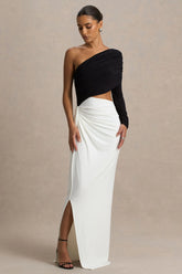 Malika | Black And White Asymmetric-Neck Maxi Dress With Body-Cut Out And Ruched Detailing
