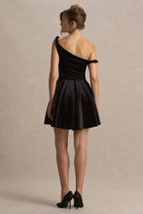 Leticia | Black Asymmetric-Neck Velvet Mini Dress With Twist-Sleeve