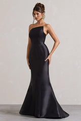 Define | Black Satin Asymmetric Fishtail Maxi Dress