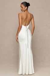 Maelia | Cream Satin Cowl-Neck Maxi Dress With Diamante Straps