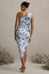 Late Night | Blue Floral Print Maternity Ruched One Shoulder Midi Dress