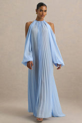 Reyna | Powder Blue Pleated Chiffon Cold-Shoulder Maxi Dress