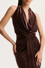 Lavernia | Brown Velvet Halter-Neck Maxi Dress With Gathered-Detailing