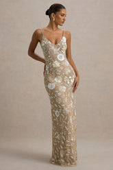 Gemini | Floral Sequin Hand-Embellished Strappy Maxi Dress