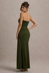 Edel | Olive Satin Strapless Maxi Dress With Drape