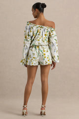 Waterfall | White Botanical Print Linen Asymmetric Long-Sleeve Playsuit