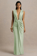 Serafina | Light Green Extreme-Plunge Neck Maxi Dress With Wrap And Ruched Details