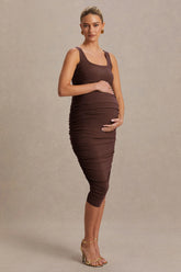 Lisbon | Brown Maternity Square Neck Ruched Midi Dress