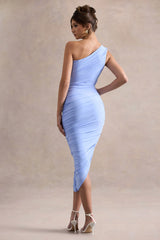 Dorit | Sky Blue One Shoulder Asymmetric Ruched Midi Dress