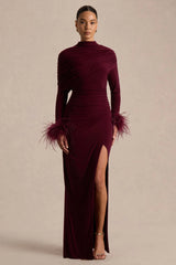 Gatsby | Burgundy High-Neck Maxi Dress With Feather Trim Cuffs