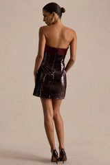 Casandra | Burgundy Sequin Bandeau Mini Dress With Satin Trim