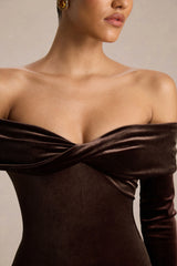 Compliment | Brown Velvet Bardot Midi Dress