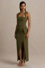 Sandra | Olive Square-Neck Tailored Maxi Dress With Front-High Split