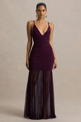 Pasqualina | Plum Ruched Plunge-Neck Maxi Dress