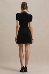 Margot | Black High-Neck Velvet Mini Dress With Embellished Detail